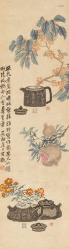 李锦鸿（清）周闲（1820～1875） 手拓曼生壶并折枝花卉 立轴 纸本