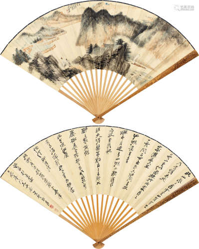 张大千（1899～1983） 1945年作 峡江春霭并行书七言诗 成扇 纸本