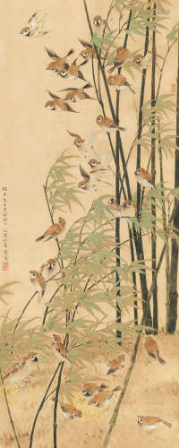 陈之佛（1896～1962） 1945年作 竹间群嬉 立轴 纸本