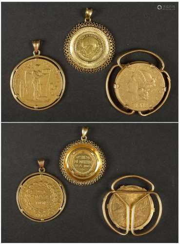 Trois bijoux: un pendentif en or jaune 18 carats serti d...