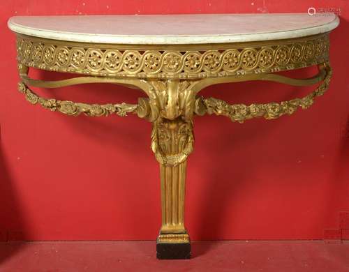 Console Louis XVI demi-lune en bois sculpté et redoré surmon...