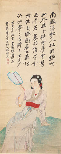 张大千仕女图（lot077-101为同一藏家藏）纸本立轴