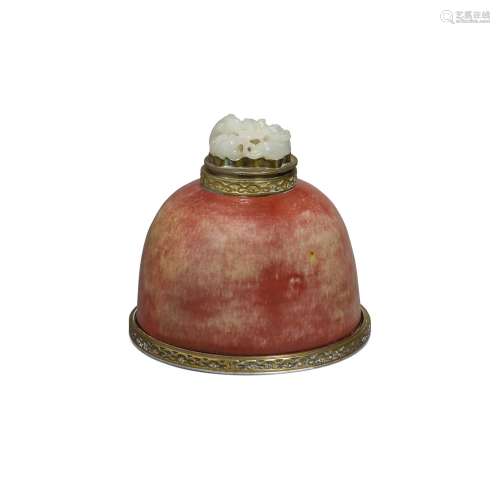 A peachbloom-glazed waterpot, now mounted as an inkwell