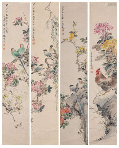 颜伯龙花鸟共四屏（lot115-130为同一藏家藏）纸本屏轴