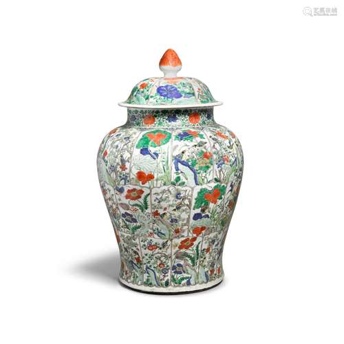 A large famille-verte 'bird and flower' baluster jar and cov...