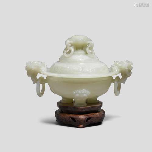 A Mughal-style celadon jade tripod censer and cover