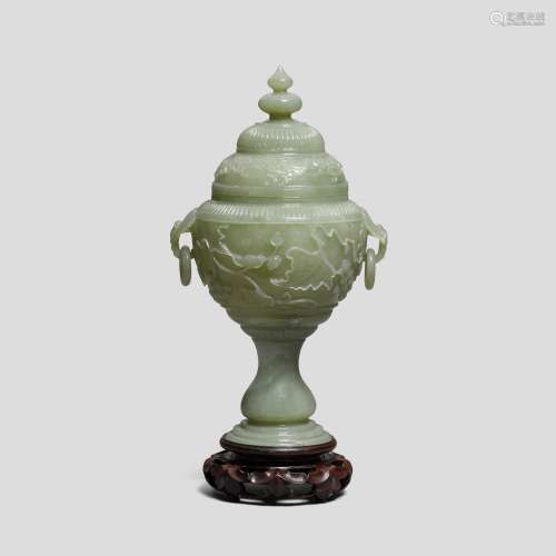 A Mughal-style celadon jade 'grapes' stem bowl and cover