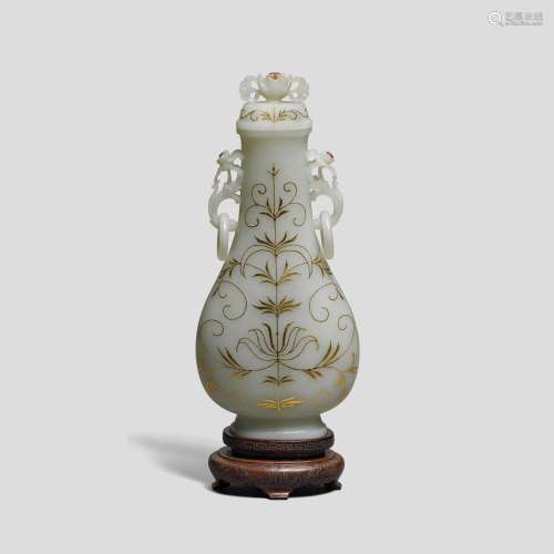 A Mughal-style embellished pale celadon jade vase and cover