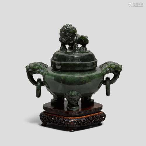 A spinach-green jade tripod censer and cover