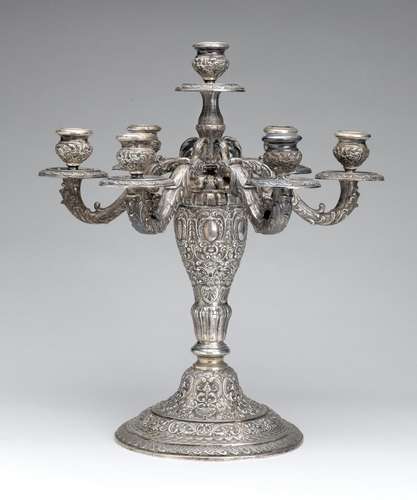 A large silver seven-light candelabra