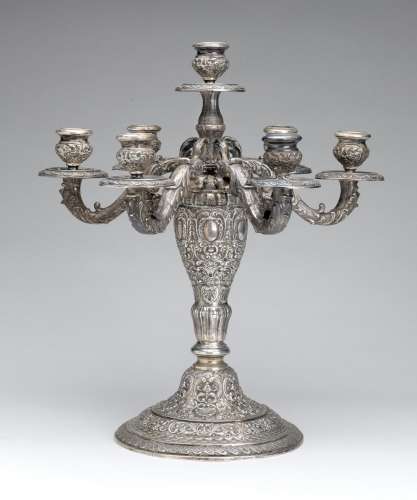 A large silver seven-light candelabra