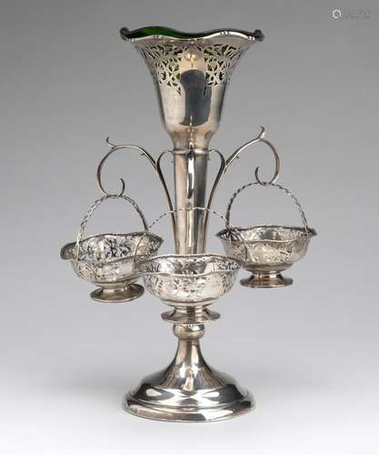 An English silver epergne with green glass liner-vase