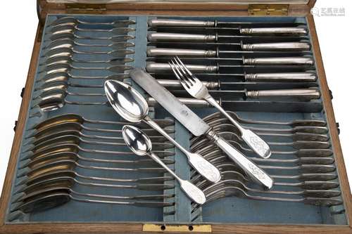 A Russian silver collection of flatware in wooden canteen