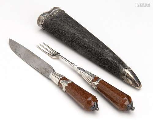 A knife and fork with goldstone hilt and silver mounting in ...