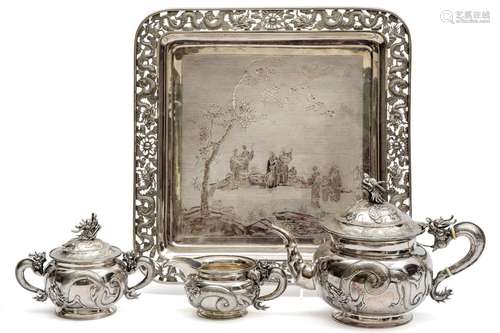 A Chinese three-piece tea service and tray