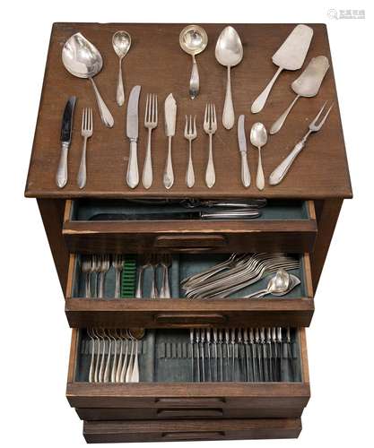 A large Dutch silver collection of flatware in wooden cantee...