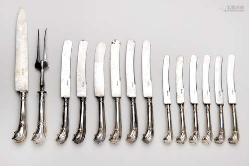 Twelve Dutch Frisian table knives, seven dessert knives and ...