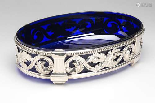 A French silver jardiniere with blue glass liner