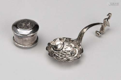 A Dutch silver coin box and a miniature cream spoon