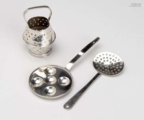 A Dutch silver miniature fish basket, a skimmer and "po...