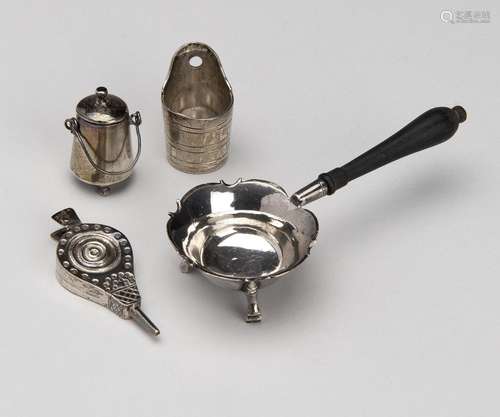 A Dutch silver miniature brazier with wooden handle, bellows...