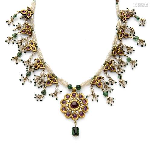 An 18k gold Indian gem set and seedpearl necklace