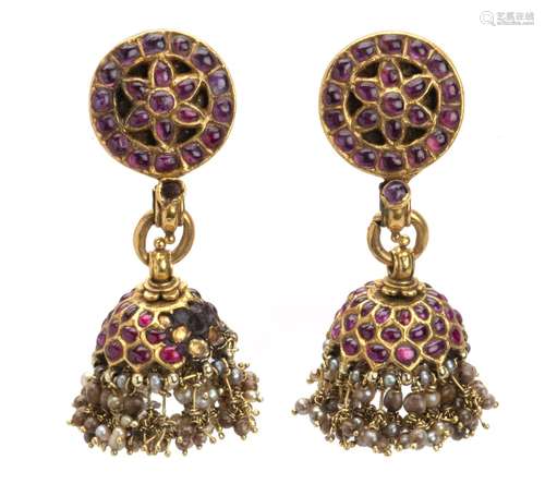 A pair of 14k gold ruby and seedpearl jhumka earclips