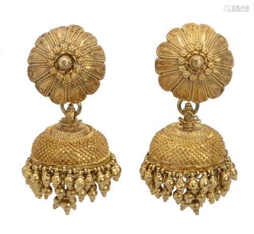 A pair of 14k gold jhumka earclips