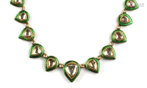 An Indian 18k gold enamel and diamond necklace and matching ...