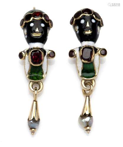 A pair of antique 14k gold enamelled poissarde earrings