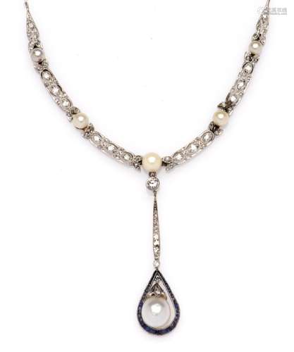 A Belle Epoque platinum cultured pearl and diamond necklace