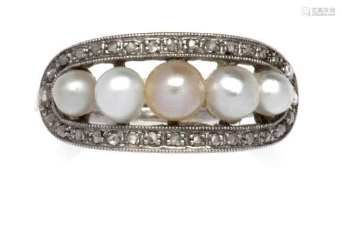 A platinum natural pearl and diamond ring