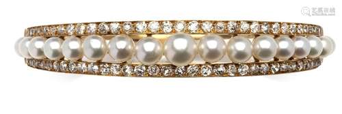 An antique 18k gold natural pearl and diamond bracelet