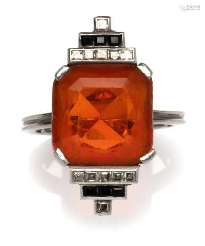 An Art Deco fire opal and diamond ring