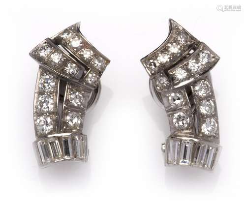 A pair of 14k white gold mid century diamond earclips