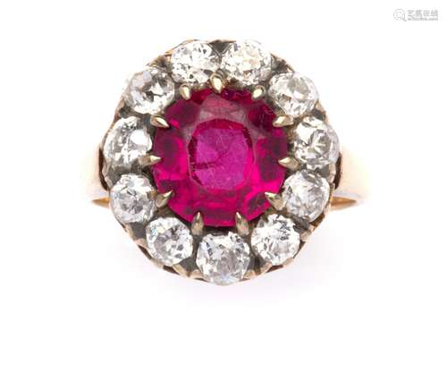 A synthetic ruby and diamond ring