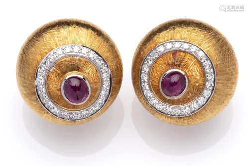 A pair of ruby and diamond earclips