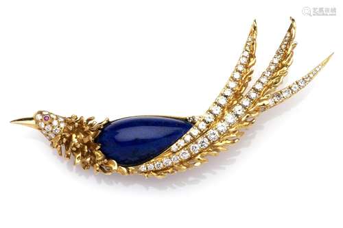 An 18k gold lapis lazuli and diamond brooch