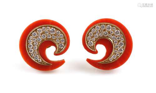 A pair of 18k gold coral and diamond earclips, by Trudel