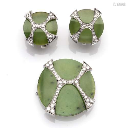 A pair of 18k white gold nephrite and diamond earclips and a...