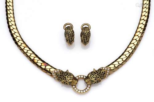 An 18k gold diamond panther necklace and matching earclips