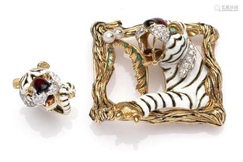 An 18k gold enamel and gem set buckle and ring