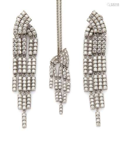 A suite of 18k white gold diamond earrings and pendant