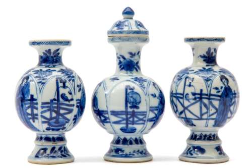 Three blue and white small vases 'bird in a cage' ...