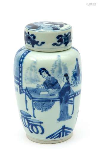 A small blue and white jar