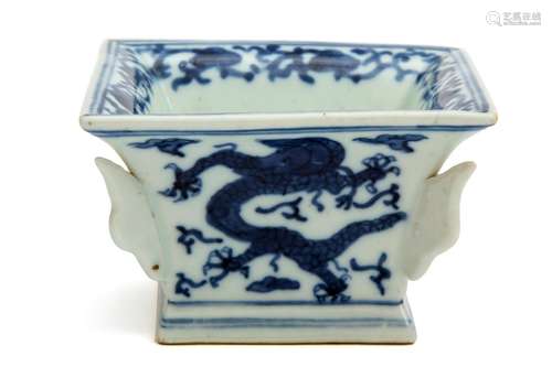 A square blue and white dragon dish