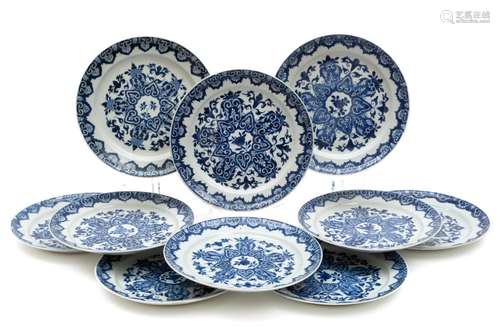 A set of ten blue and white plates