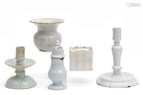 A collection of Delft white including two candlesticks