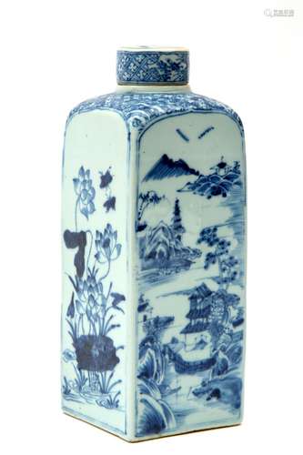 A square blue and white bottle vase with cover