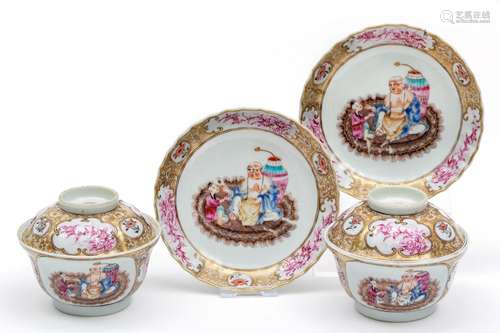 Two gilded famille rose lidded teabowls and saucers